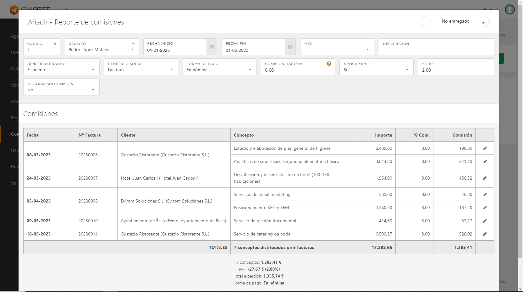 Software facturación gratis EviGest - Reporte de comisiones