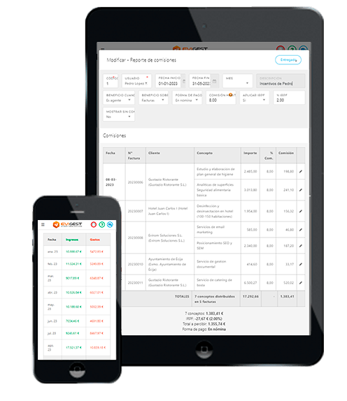 Software de facturación EviGest - Estadísticas y comisiones tablet