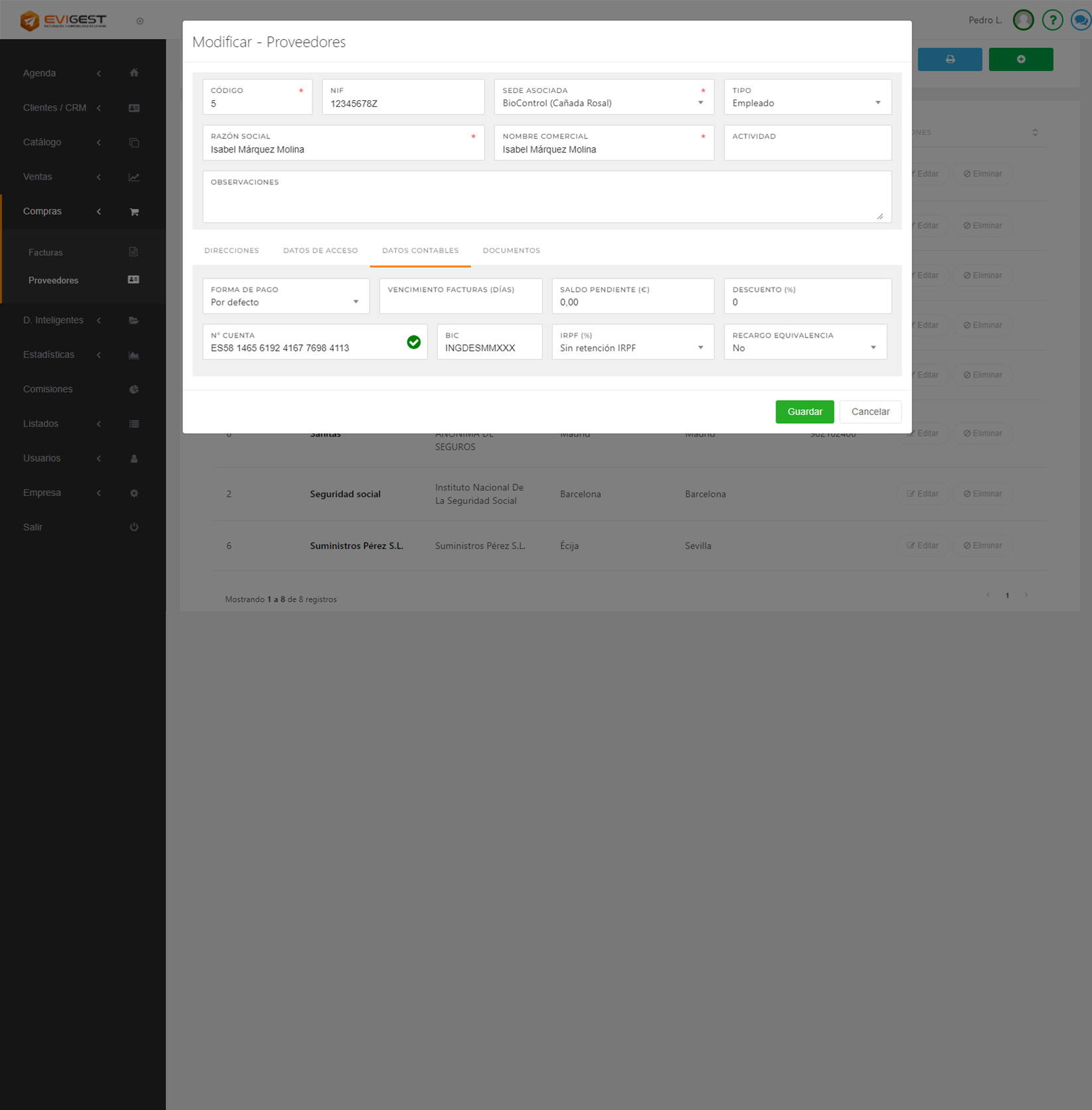 Software de facturación EviGest - Ficha proveedor datos contables