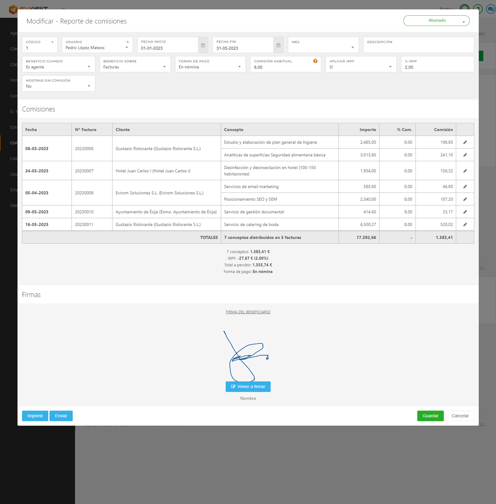 Software de facturación EviGest - Gestión de comisiones reporte