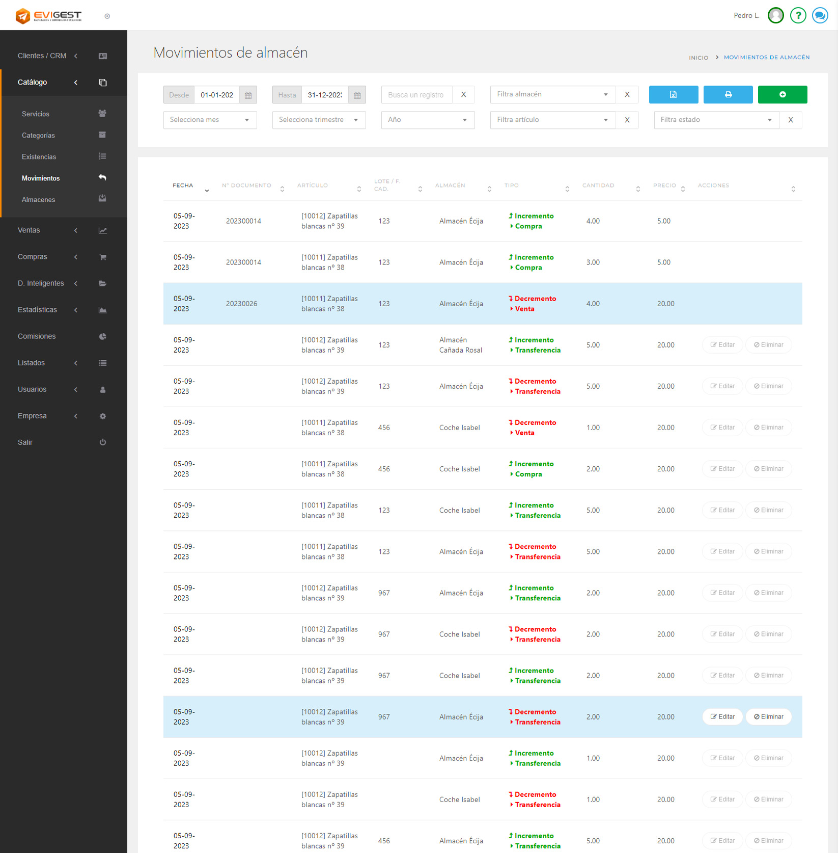 Software de facturación EviGest - Almacenes movimientos