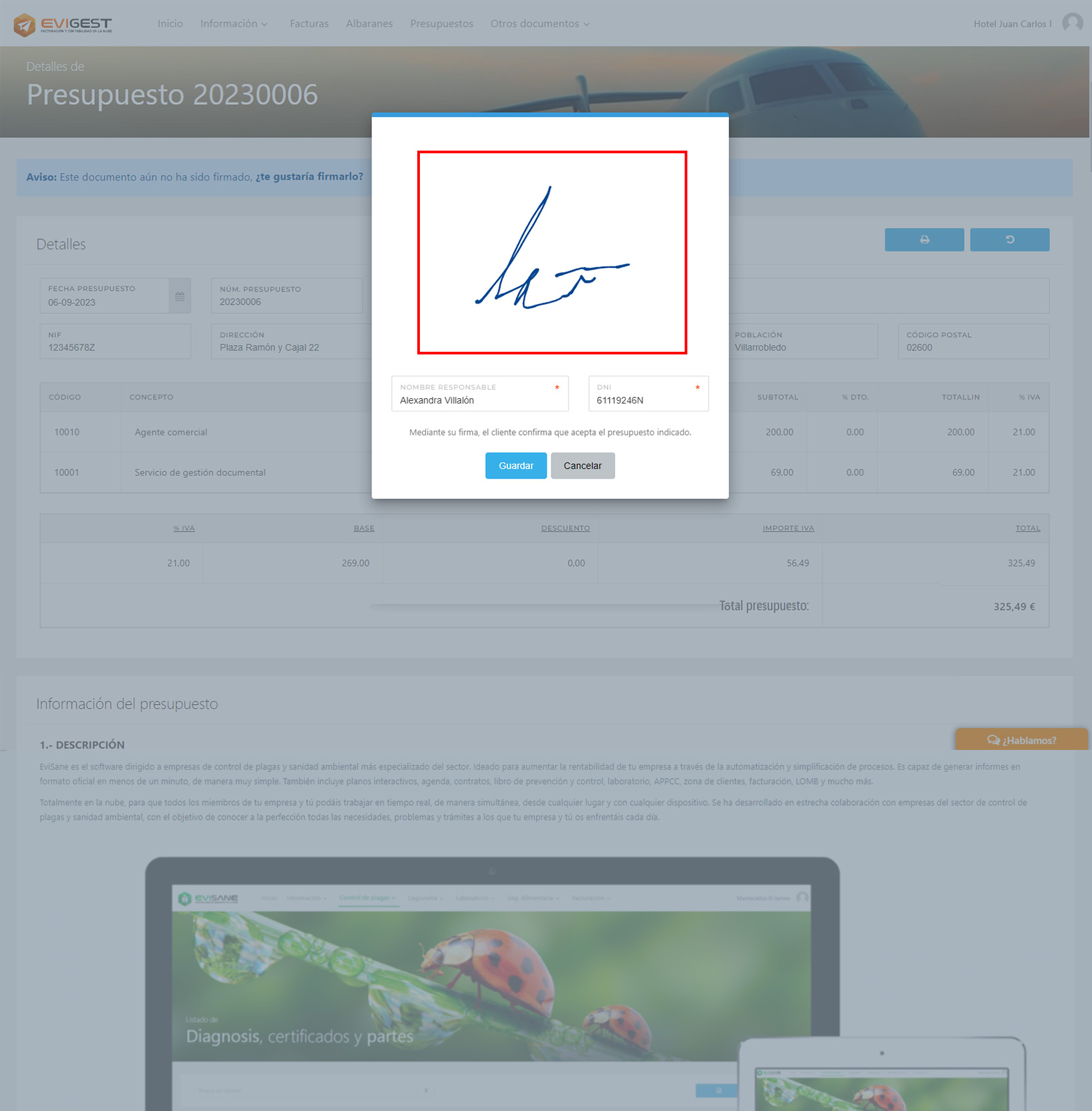 Software de facturación EviGest - Firma digital en zona de clientes