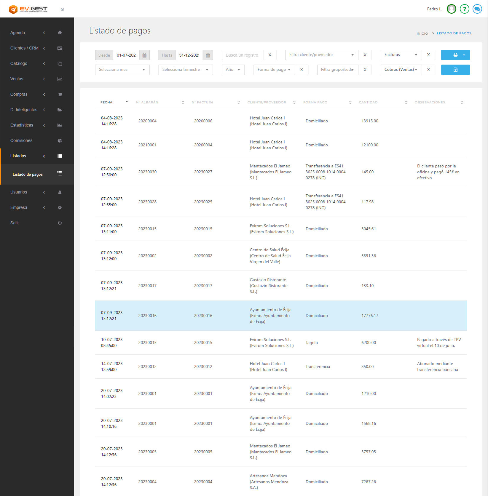 Software de facturación EviGest - Listado de pagos para cobros