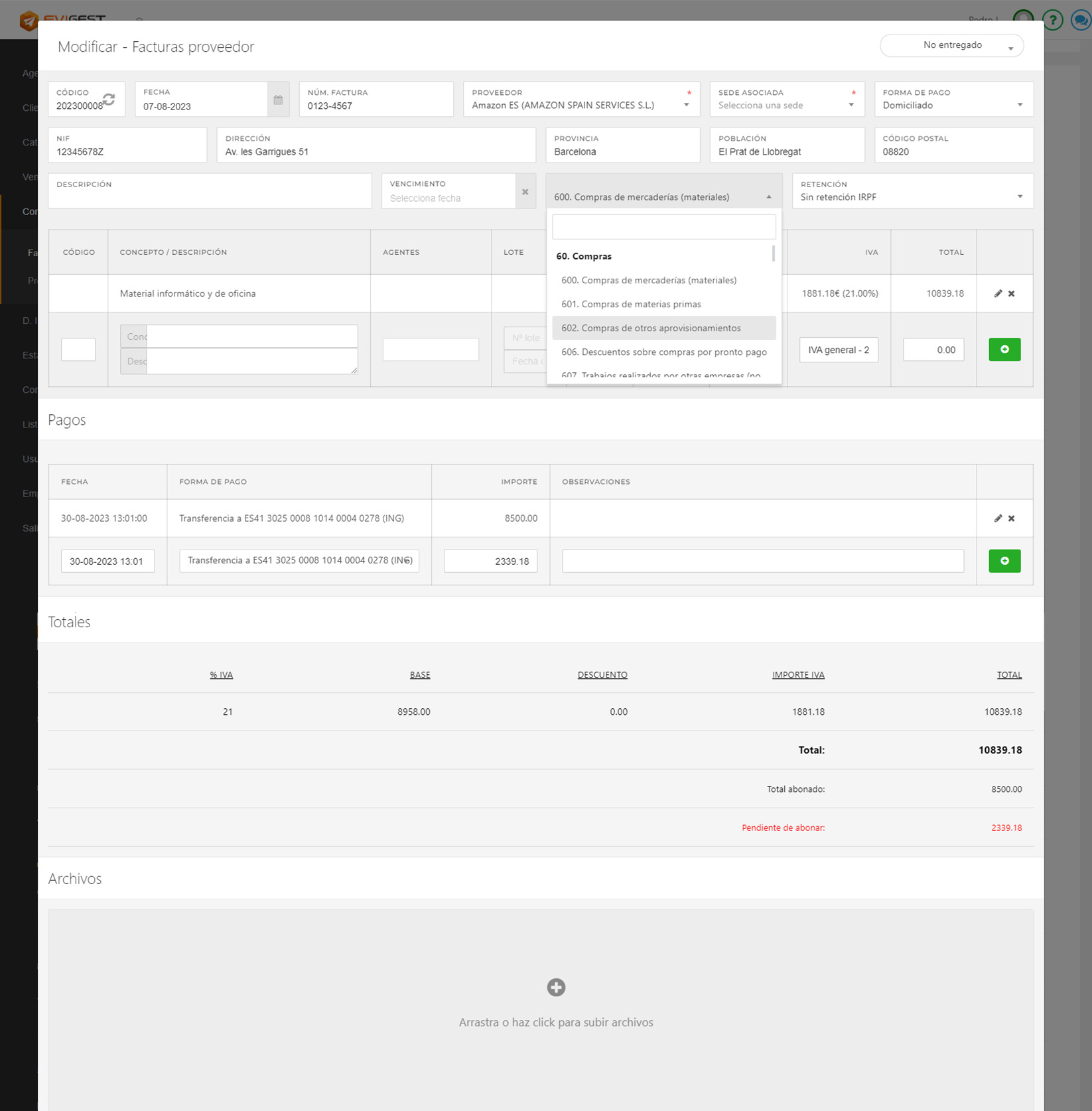 Software de facturación EviGest - Facturas proveedor tipo de gasto