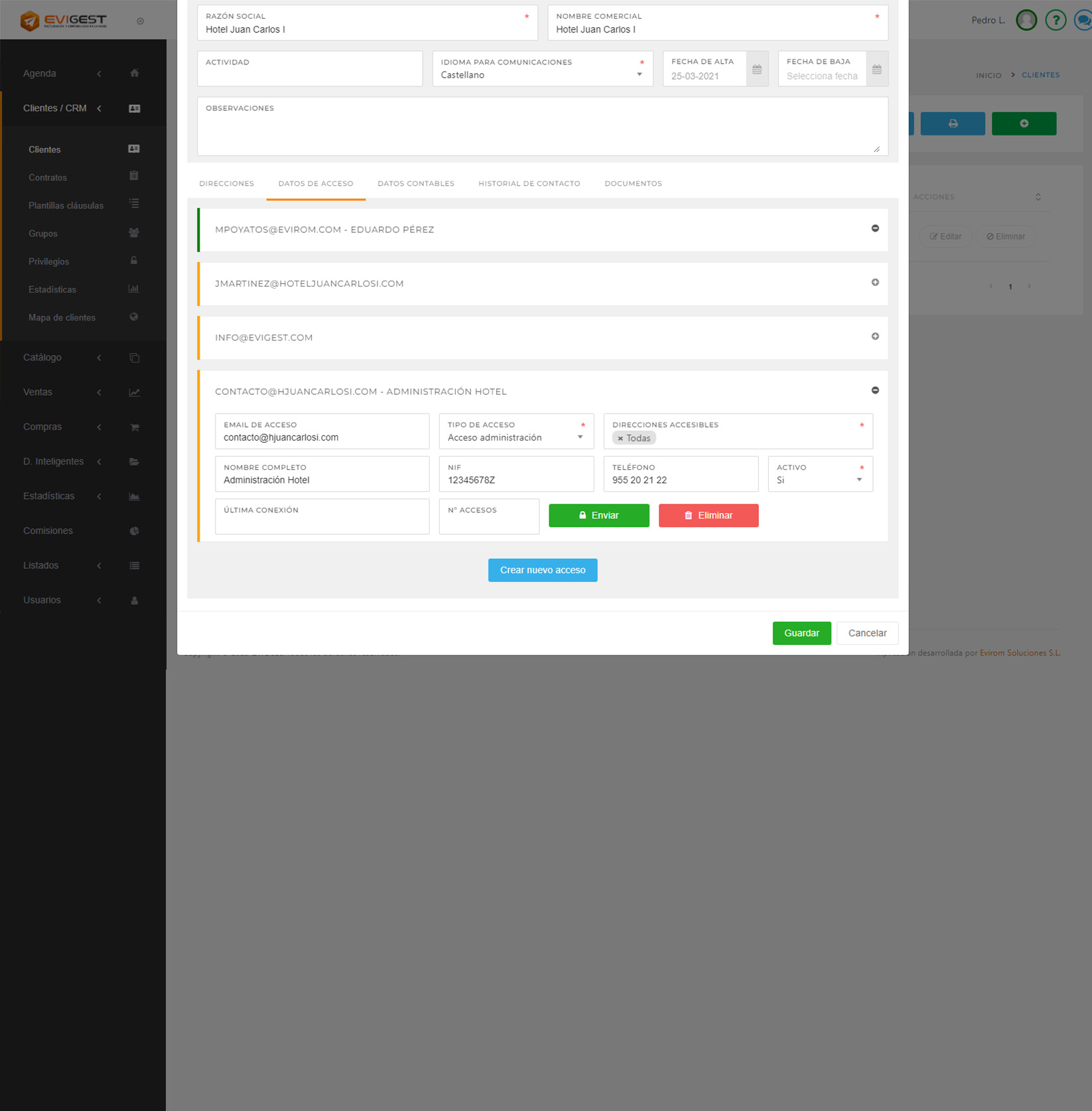 Software de facturación EviGest - Creación de accesos a zona de clientes