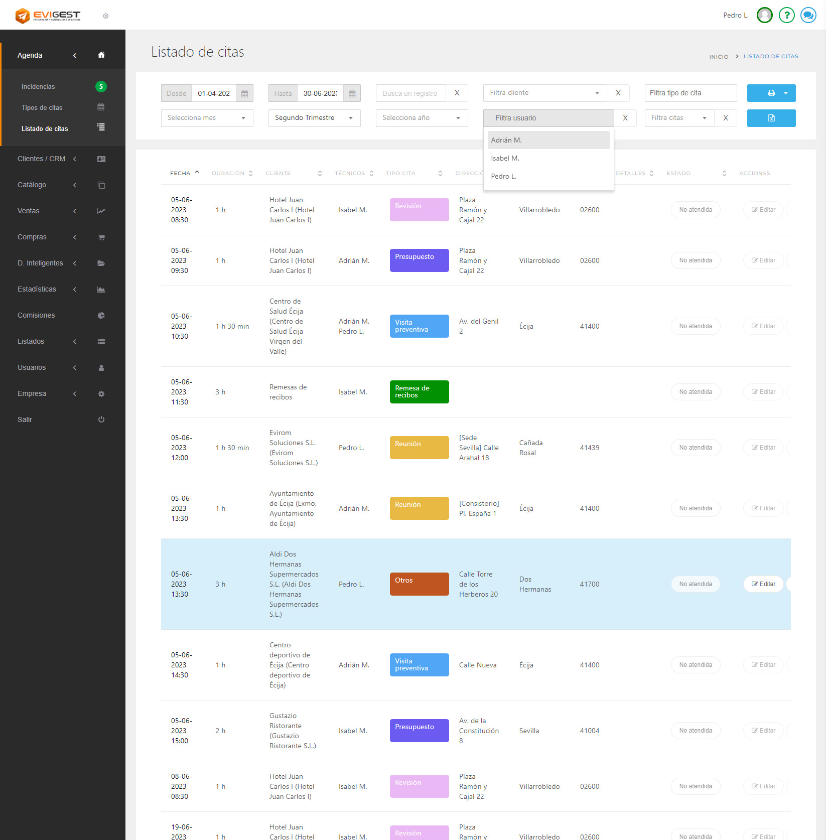 Software de facturación EviGest - Listado de citas en la agenda