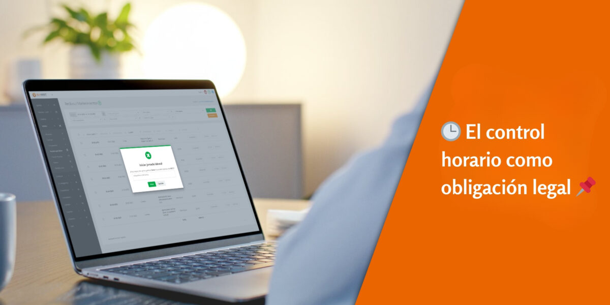 Pantalla de ordenador portátil con software de control horario abierto, junto a la frase “El control horario como obligación legal” sobre fondo naranja.