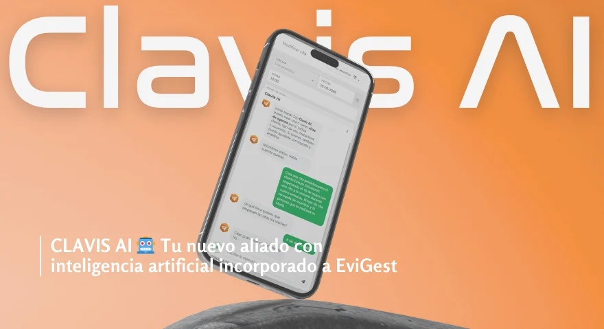Imagen con un movil apoyado sobre superficie, mostrando el chat con inteligencia artficial de Clavis AI de EviGest