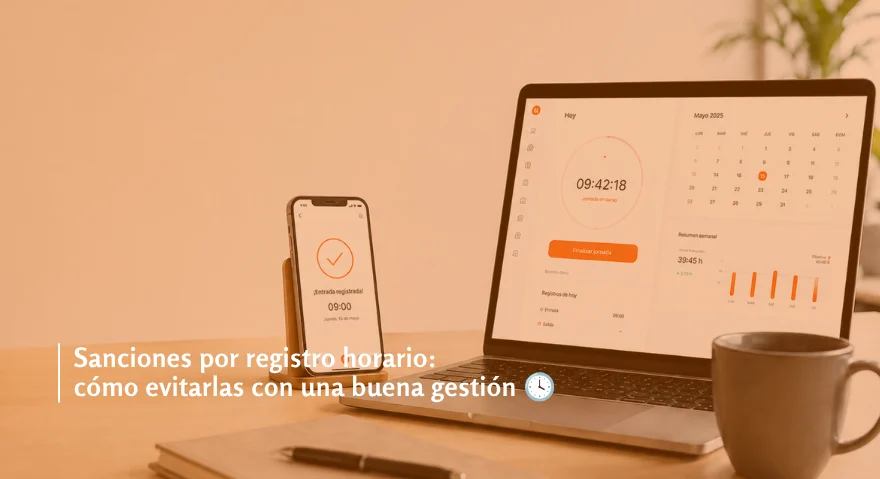 Ordenador portátil y teléfono móvil mostrando la plataforma EviGest de registro horario, con el mensaje “Sanciones por registro horario: cómo evitarlas con una buena gestión